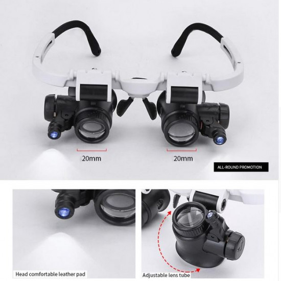 Double Eye Loupe Head Wearing Magnifier Glass with LED Light(8x , 15x , 23x)