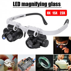 Double Eye Loupe Head Wearing Magnifier Glass with LED Light(8x , 15x , 23x)