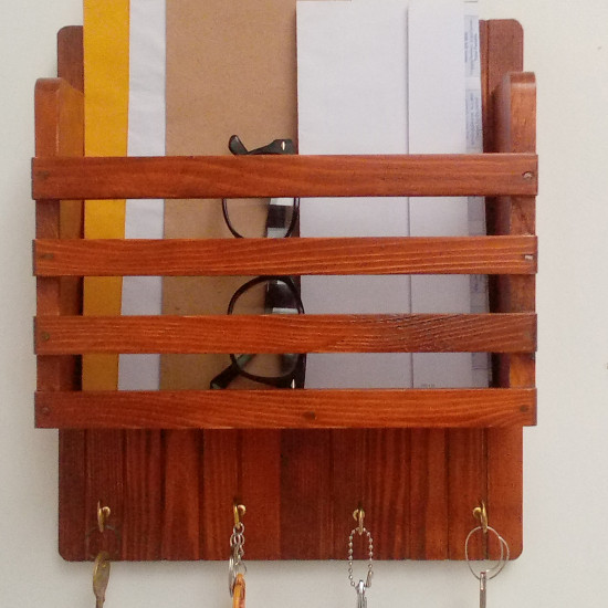 Wooden Mail/Remote Control Holder with Key Hooks. Wooden Mail/Remote Control Holder with Key Hooks.