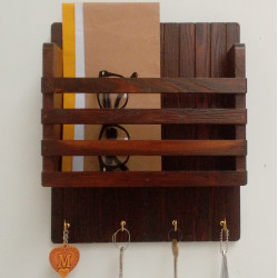 Wooden Mail/Remote Control Holder with Key Hooks.