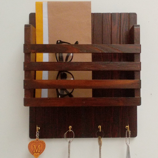 Wooden Mail/Remote Control Holder with Key Hooks. Wooden Mail/Remote Control Holder with Key Hooks.