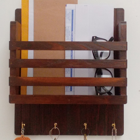 Wooden Mail/Remote Control Holder with Key Hooks. Wooden Mail/Remote Control Holder with Key Hooks.