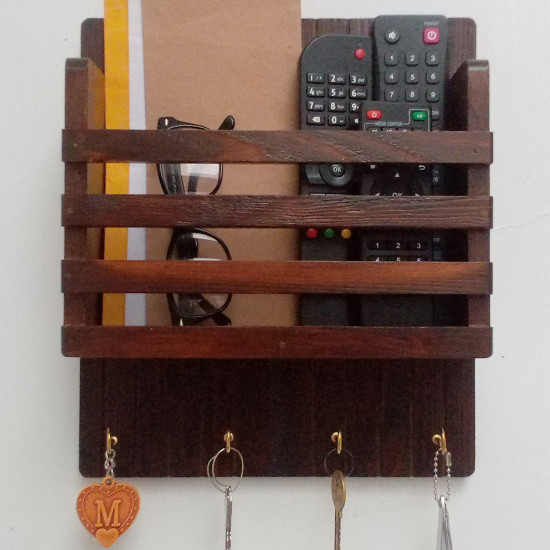 Wooden Mail/Remote Control Holder with Key Hooks. Wooden Mail/Remote Control Holder with Key Hooks.