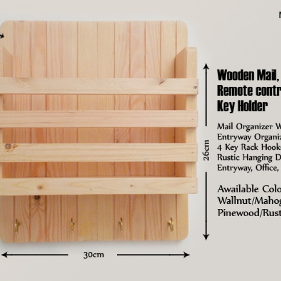 Wooden Mail/Remote Control Holder with Key Hooks.