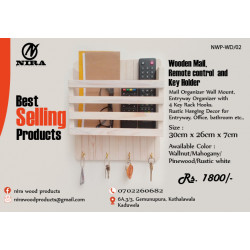Wooden Mail/Remote Control Holder with Key Hooks.