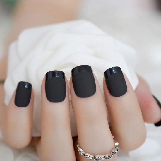 24pcs Dark Matte French Nails Frosted Designed