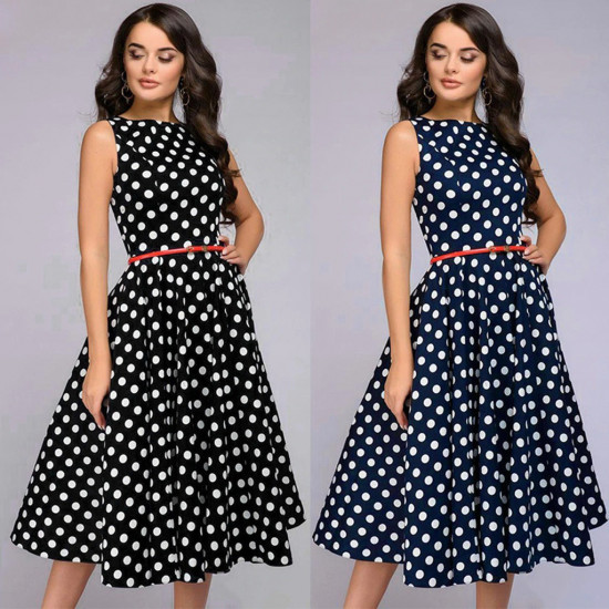 Elegant Dot Print Dress Women Casual Sleeveless